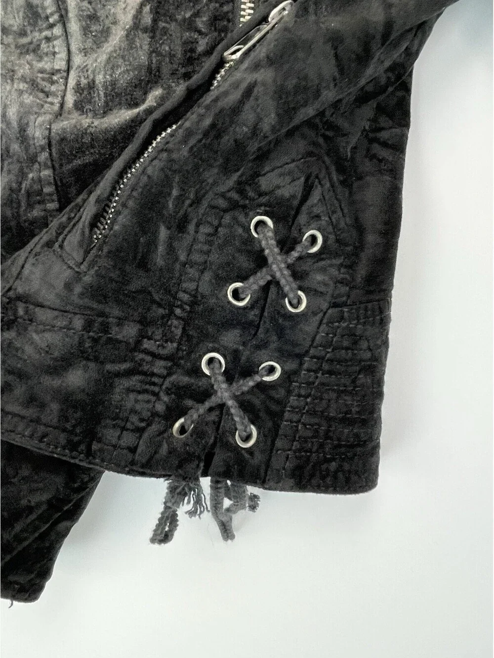 FREE PEOPLE Black Lacey Velvet Moto Jacket Lace Up Sleeve Corset Biker XS